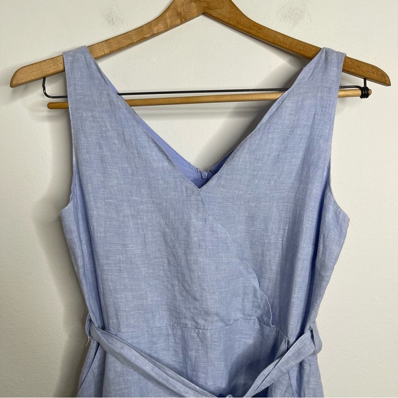 TAHARI Chambray 100% Linen Dress Sleeveless Pockets Scalloped V-neck Tie Size 6 - Picture 3 of 16